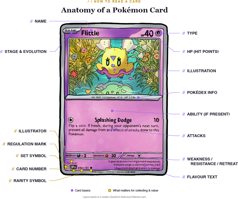 Labeled diagram showing the parts of a modern Pokémon card — name, HP, type, artwork, attacks, set symbol, card number, rarity and regulation mark.