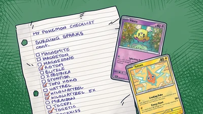 Illustration of a hand-written Pokémon set checklist with cards.